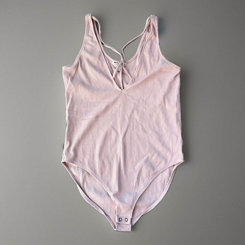 Express Dusty Pink Ribbed Cotton Bodysuit Size L Strappy Full Brief Boho Festiva